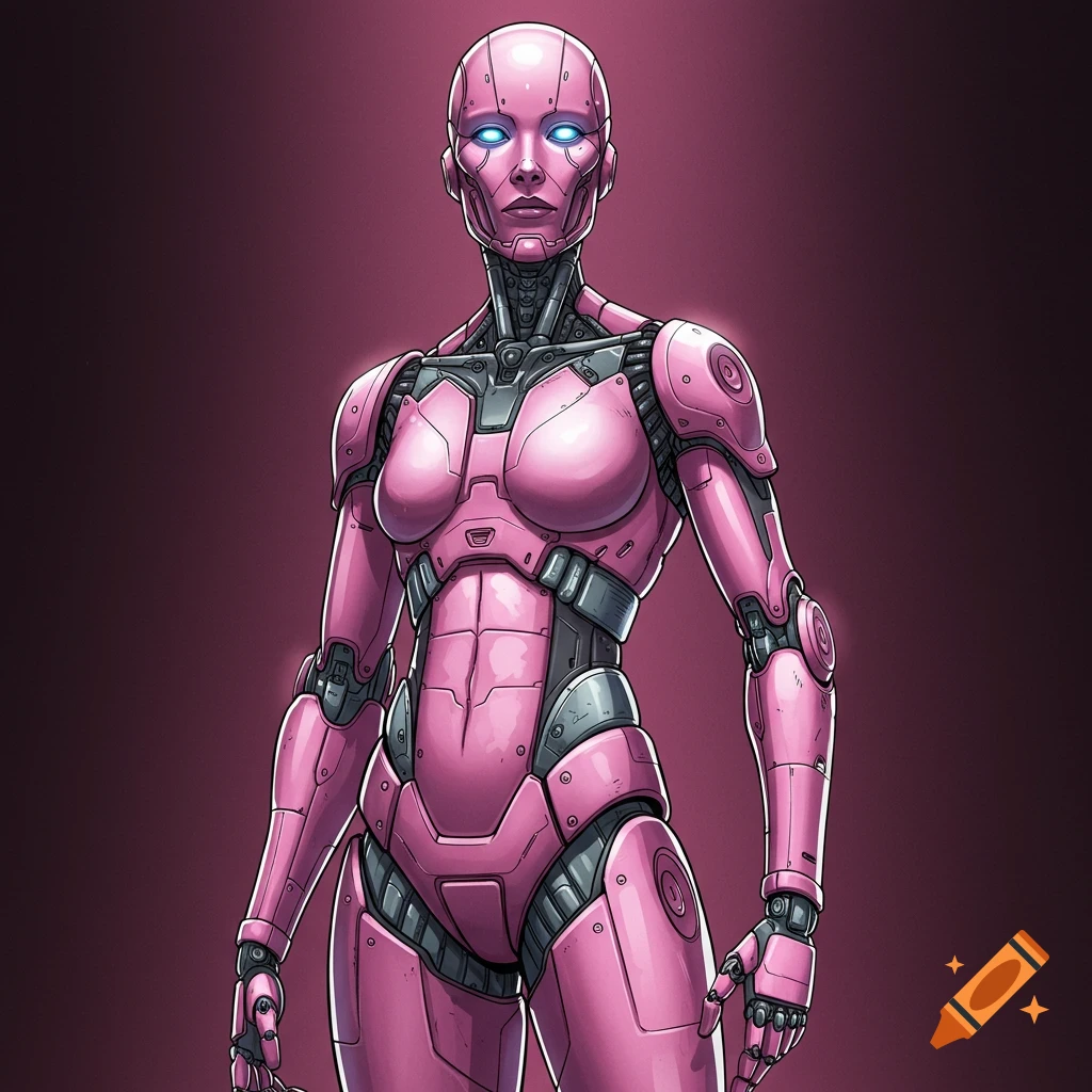 A pink robotic figure with glowing blue eyes stands in a comic art style.