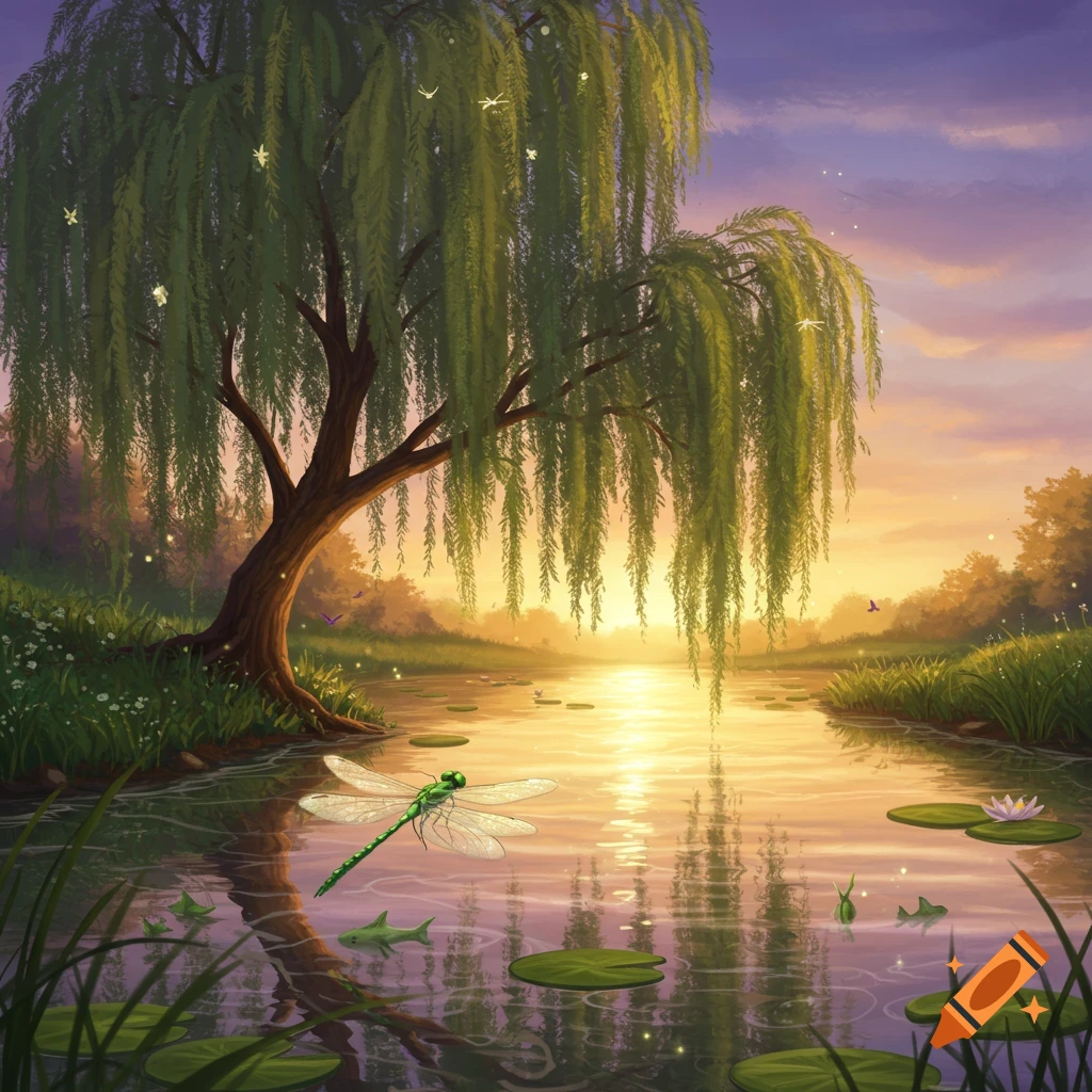 Willow tree over a river at sunset with a dragonfly.