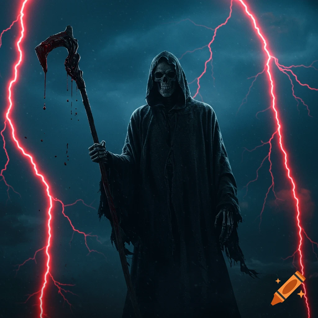 Grim reaper figure holding a bloody scythe under a dark, stormy sky with red lightning.