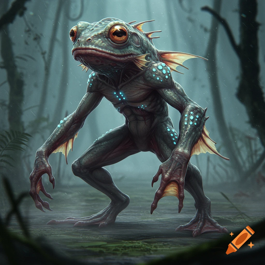 Realistic concept art of an alien frog creature in a misty swamp