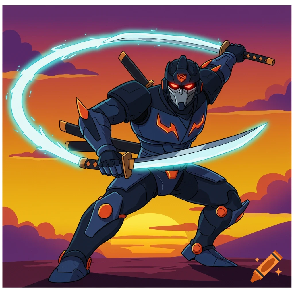 Cartoon robot ninja with swords fighting at sunset.