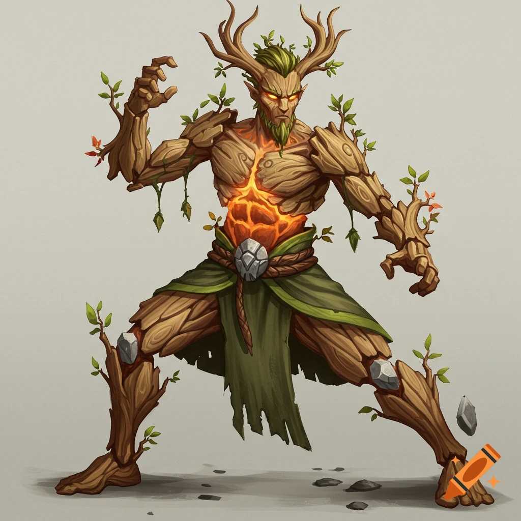 A fantasy druid creature made of wood and fire, standing in a martial arts pose.