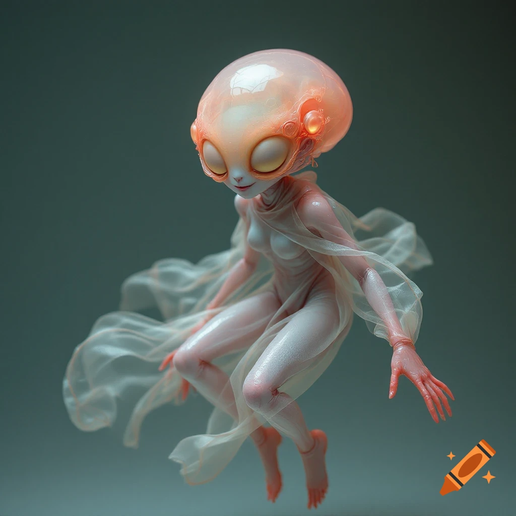 Surreal translucent alien creature with large head floating with flowing fabric