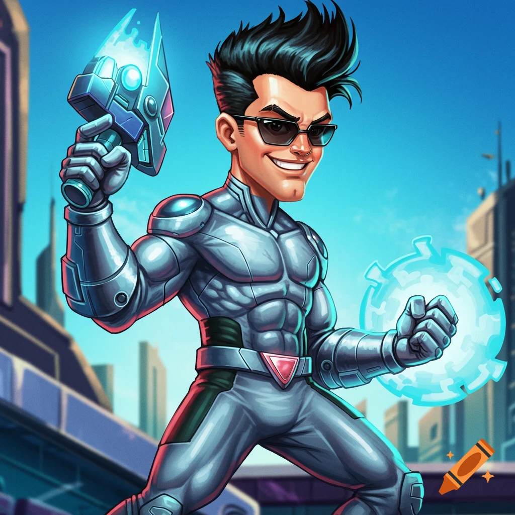 Cartoon superhero in silver suit holding a blue glowing weapon.