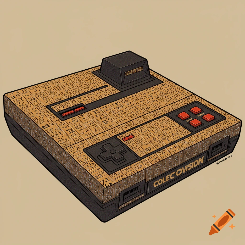 An illustration of a Colecovision video game console covered in hieroglyph-like patterns.
