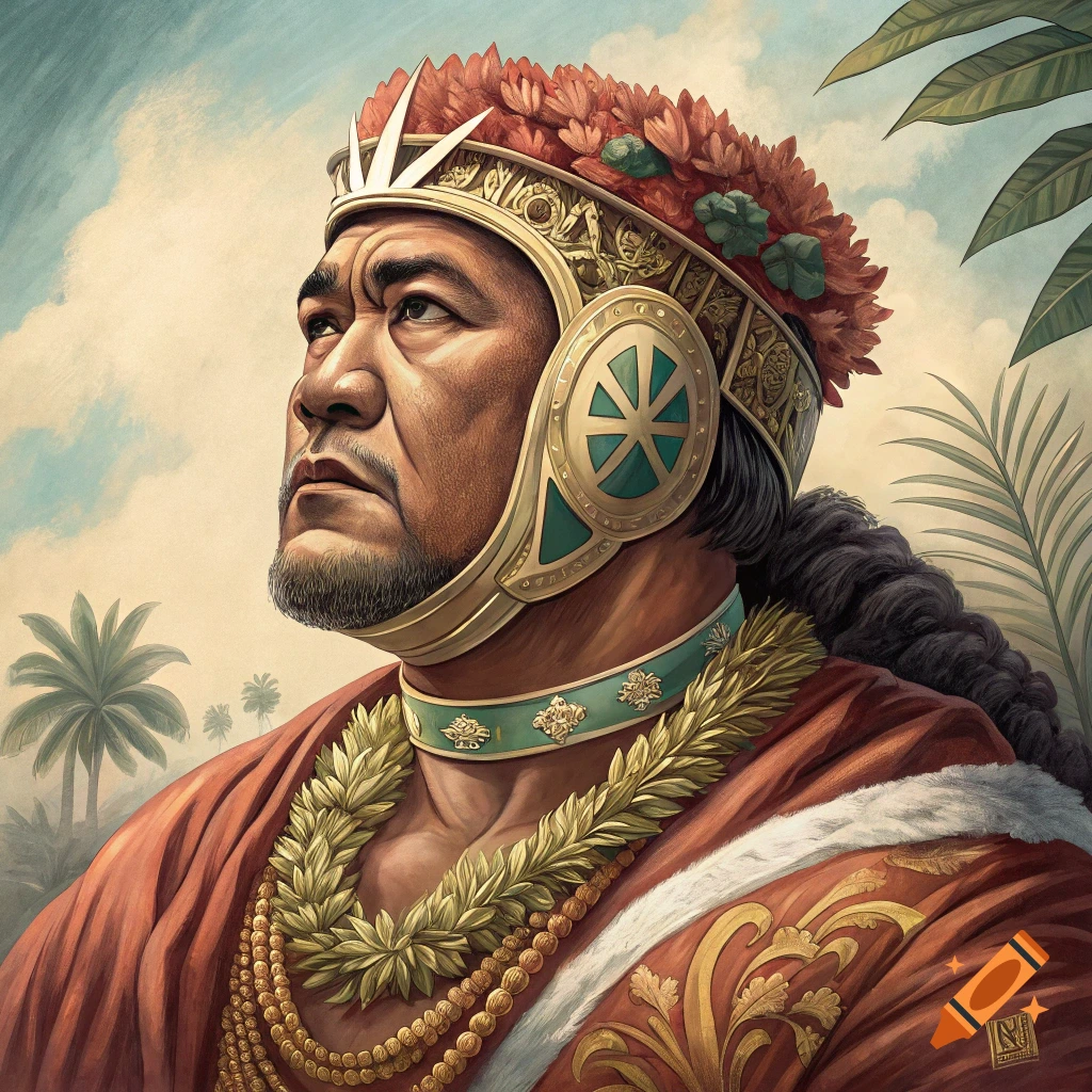 An illustration of King Kamehameha the Great in traditional attire, lei, and elaborate headgear, looking up.