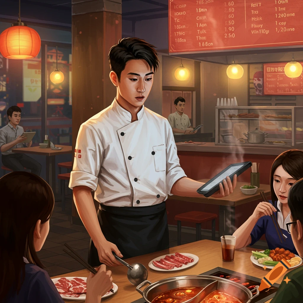 A manager in a chef coat is presenting a tablet to diners at a hotpot restaurant table.