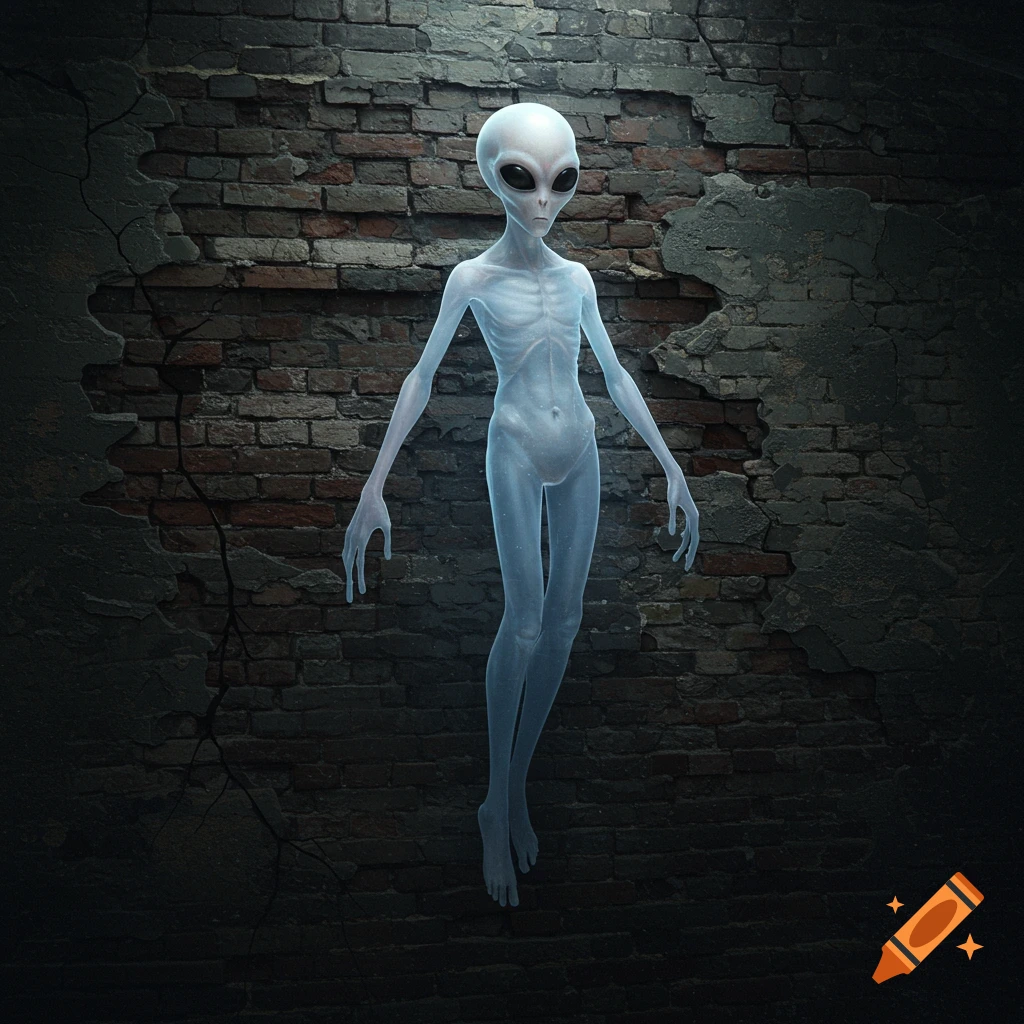 A ghost-like alien figure floats in front of a distressed brick wall, digital art.