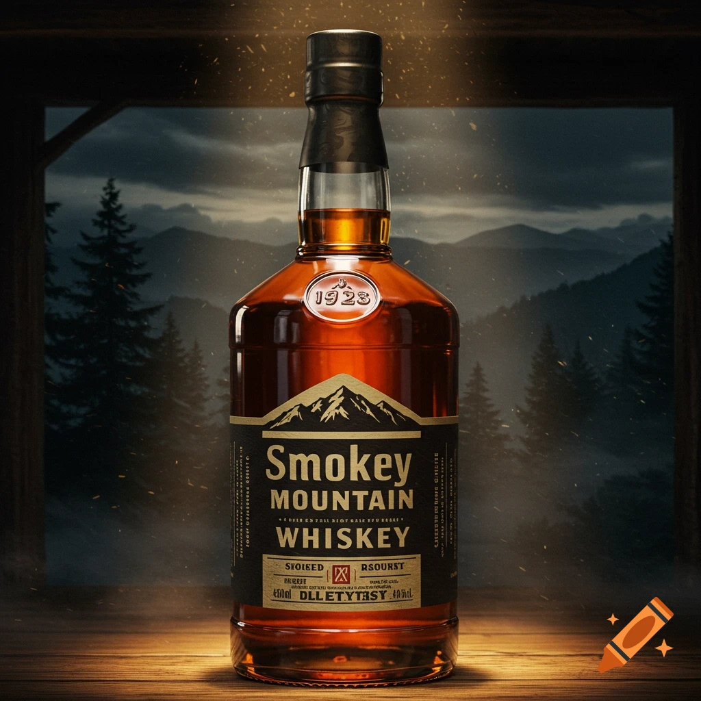 A bottle of Smokey Mountain Whiskey on wood with mountains in the background.
