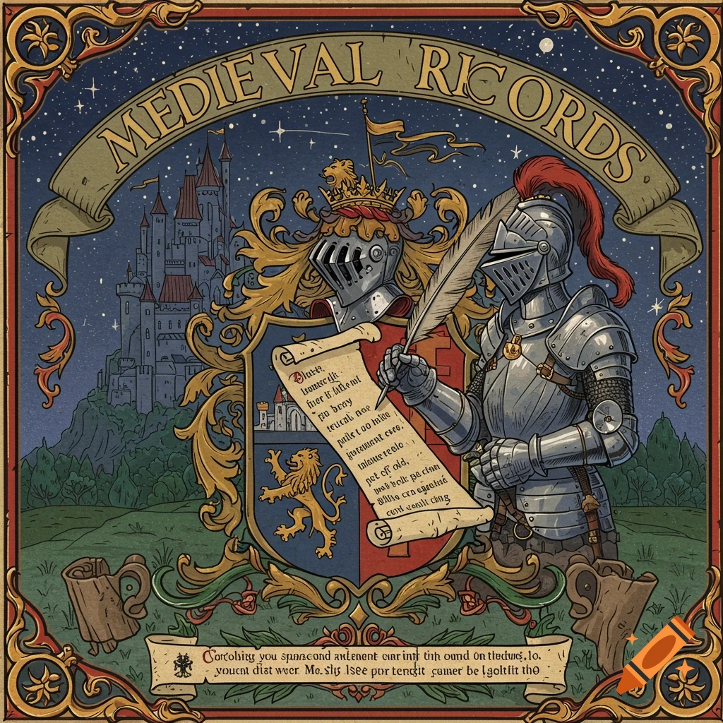 Illustration of a knight writing on a scroll next to a coat of arms and castle, with a banner reading "MEDIEVAL RECORDS".