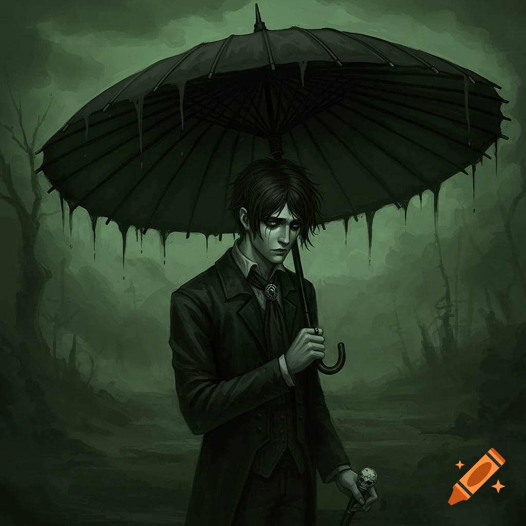 A moody, dark-haired figure under a dripping black umbrella stands in a misty, eerie forest.