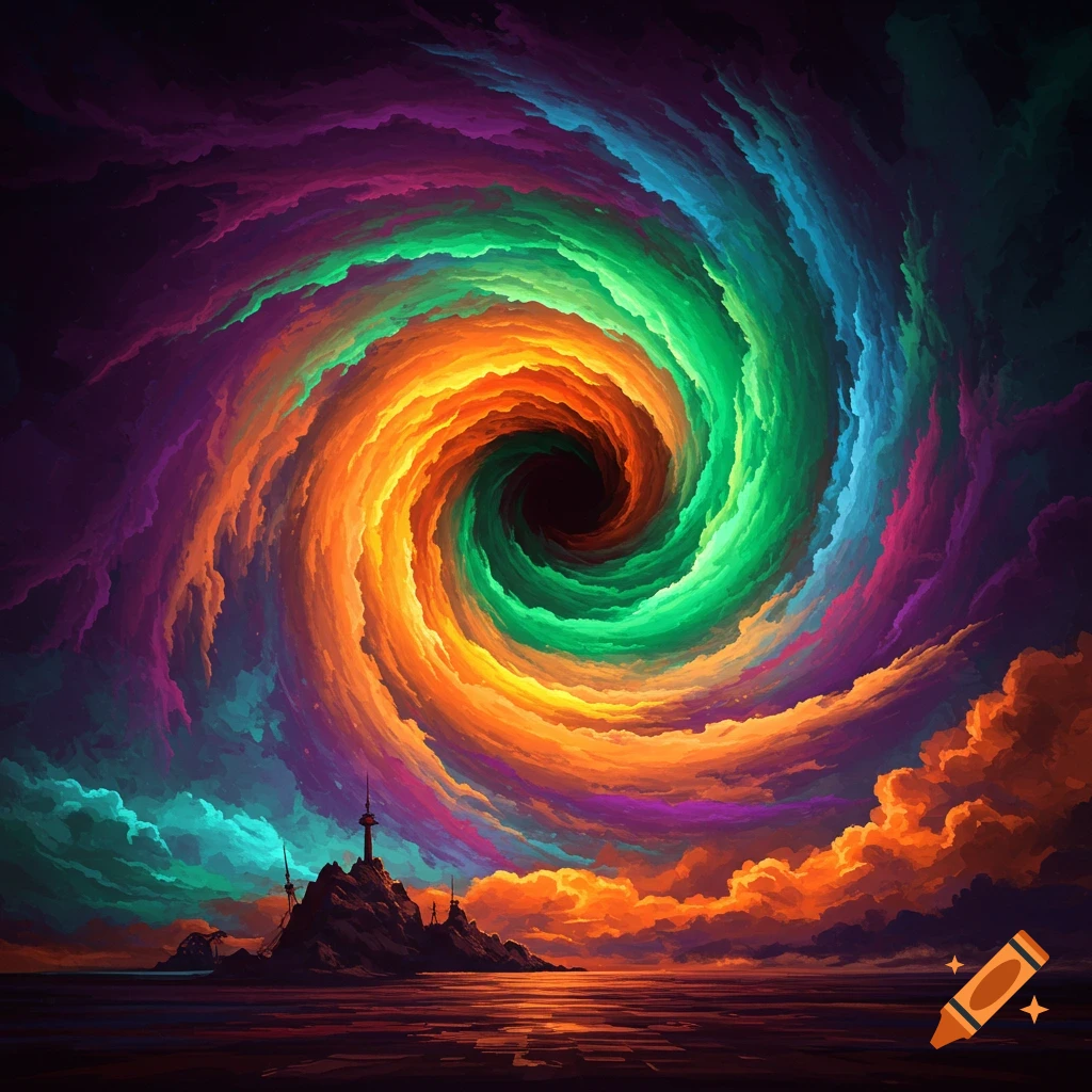 A vibrant, colorful swirling vortex of clouds in the sky over a rocky island with structures, reflected in water.