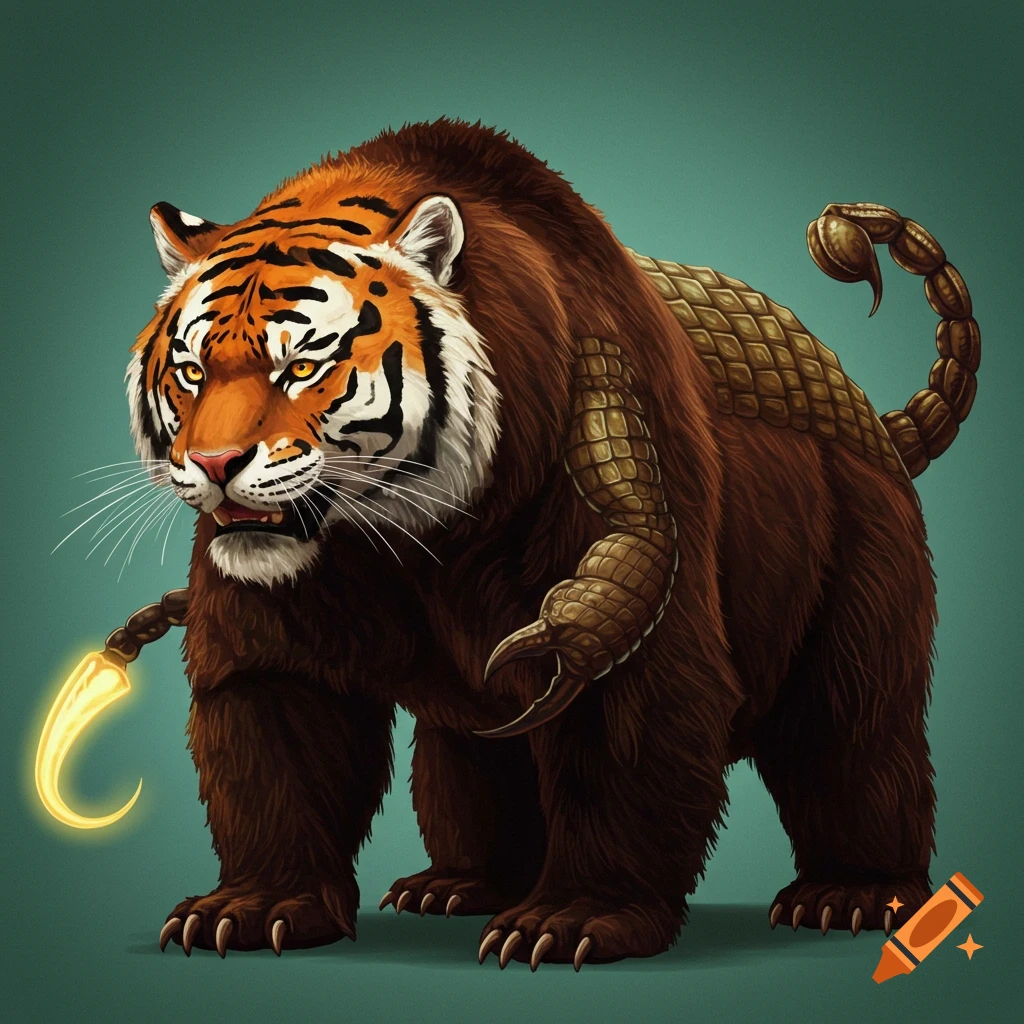 A hybrid creature with a tiger head, bear body, crocodile scales, and scorpion tail and claws.