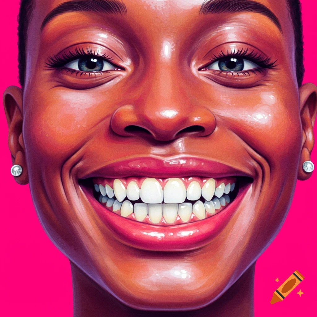 Close-up of a smiling face with many teeth.