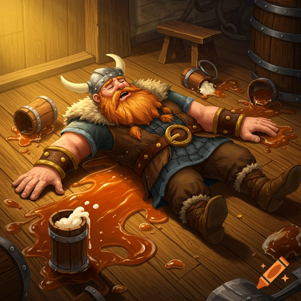 A drunk viking is passed out on the floor with spilled drinks.