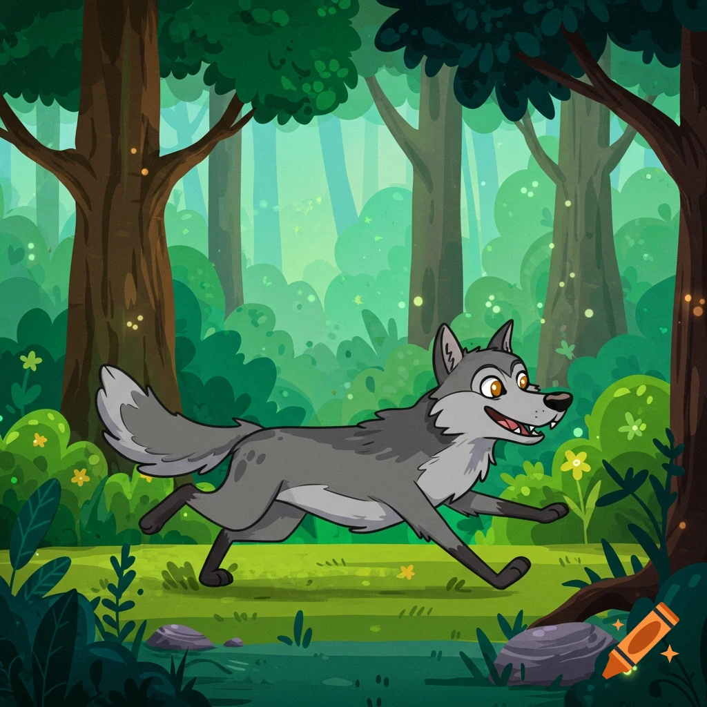 Cartoon illustration of a wolf running through a forest