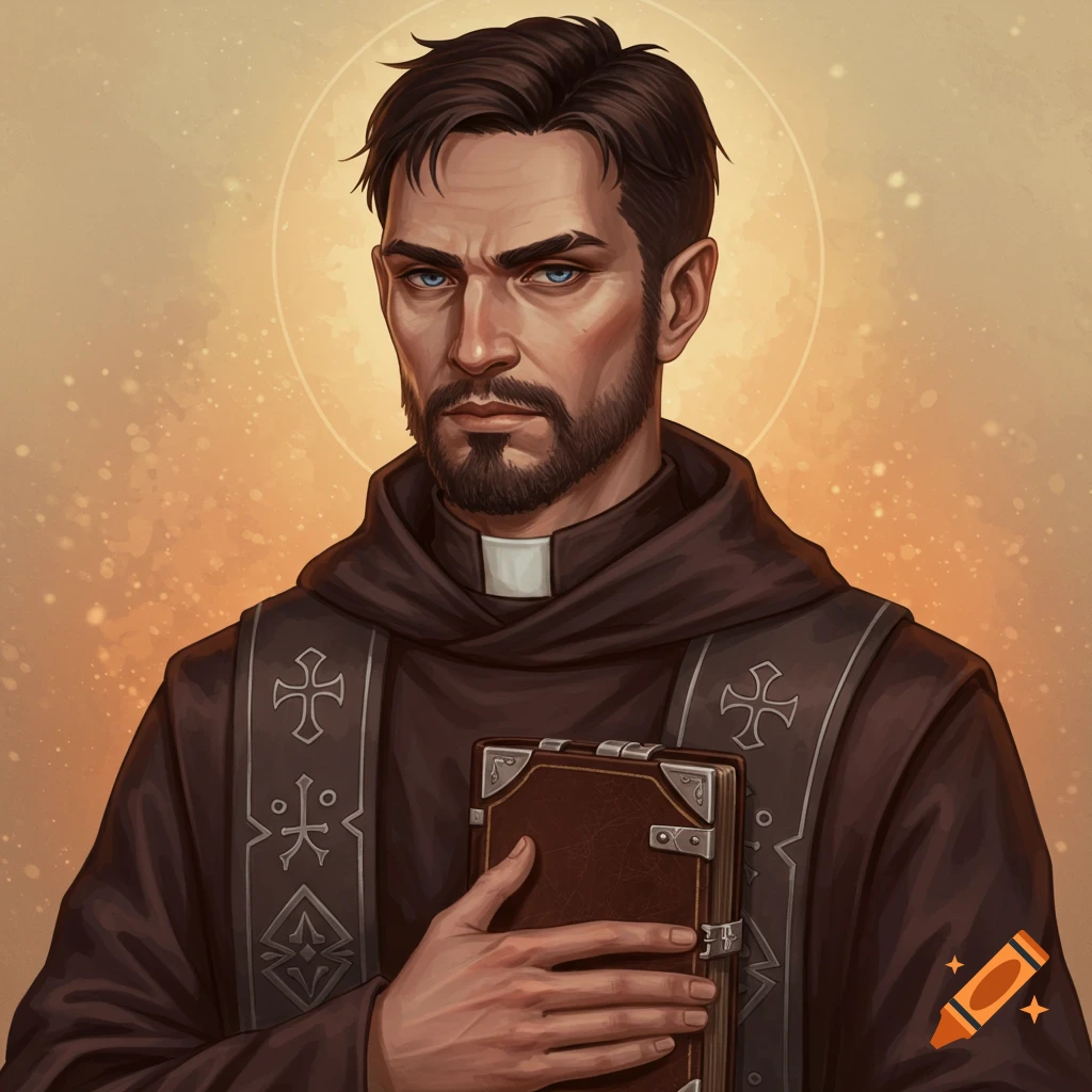 Portrait of a man in religious robes holding a book, with a halo.