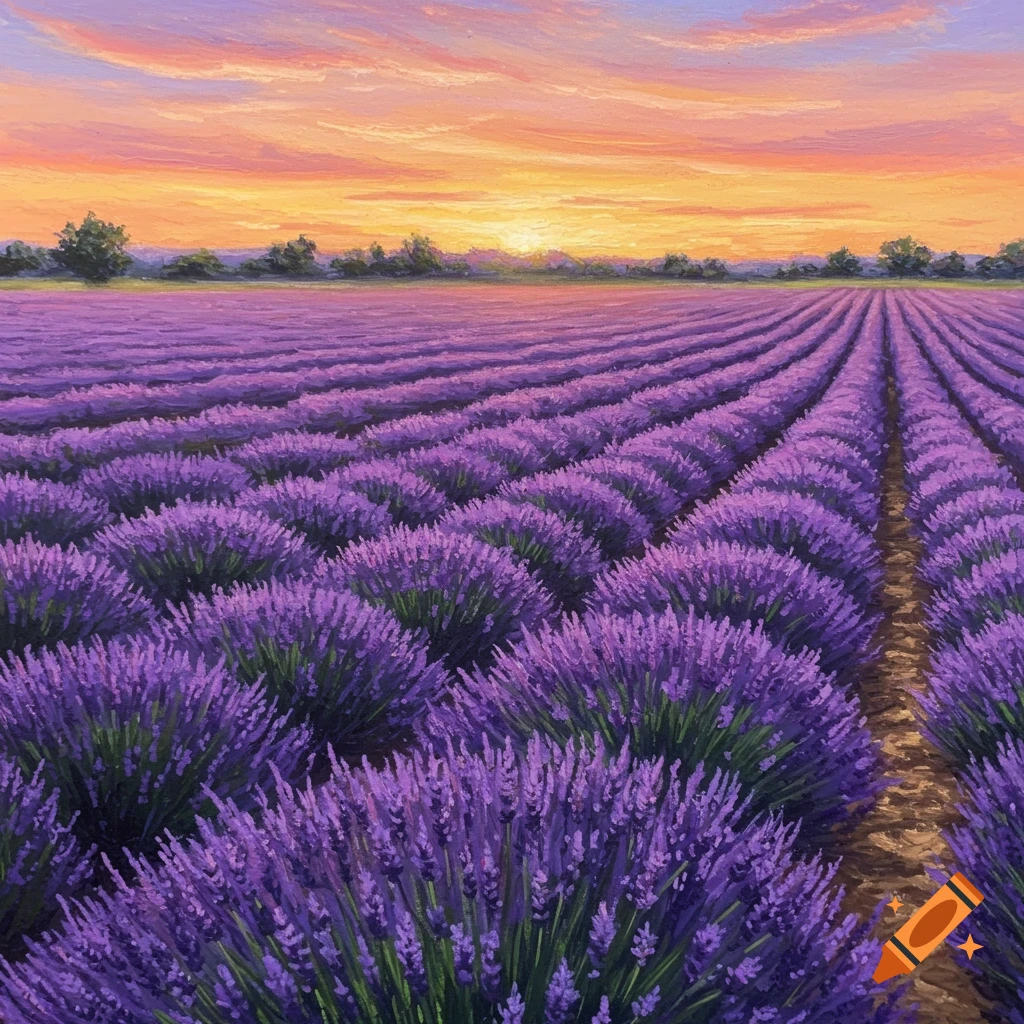 Oil pastel drawing of a lavender field under a colorful sunset sky.