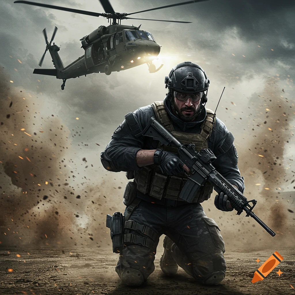 A soldier kneels in a dusty environment with a helicopter above.