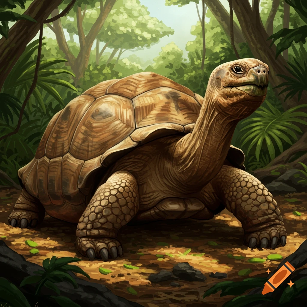 A giant tortoise walking in a jungle.
