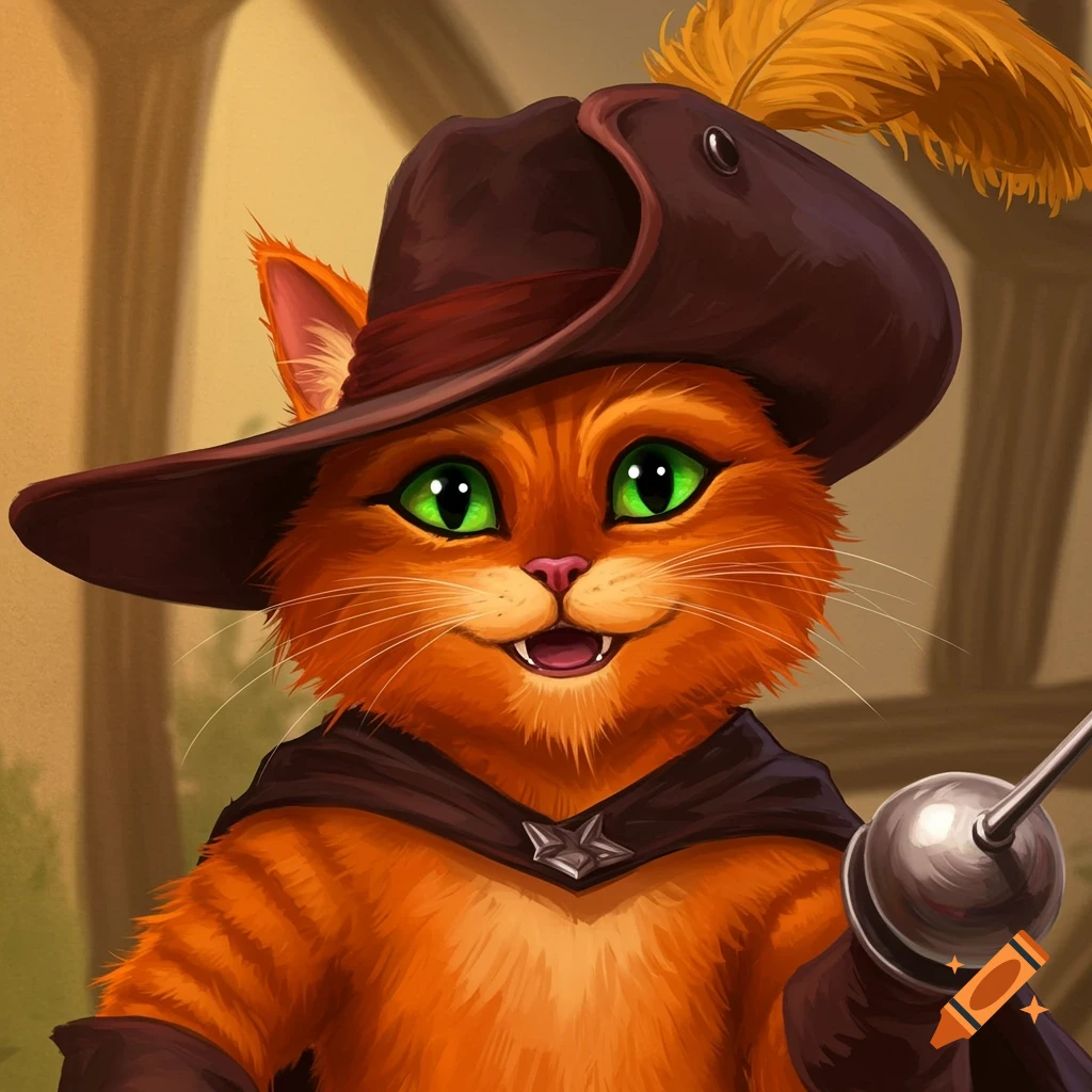 A cat wearing a hat and cape, holding a sword