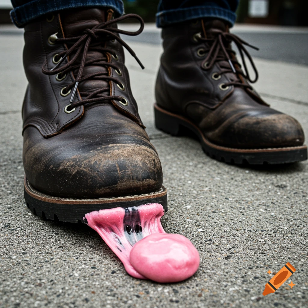 Close-up of a brown boot stepping on a blob of pink bubblegum on the sidewalk.