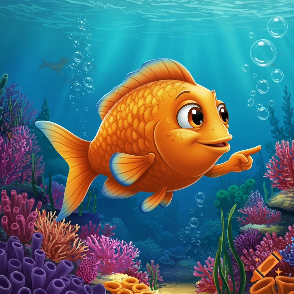 Cartoon orange fish points its fin in a vibrant underwater scene with colorful coral and bubbles.