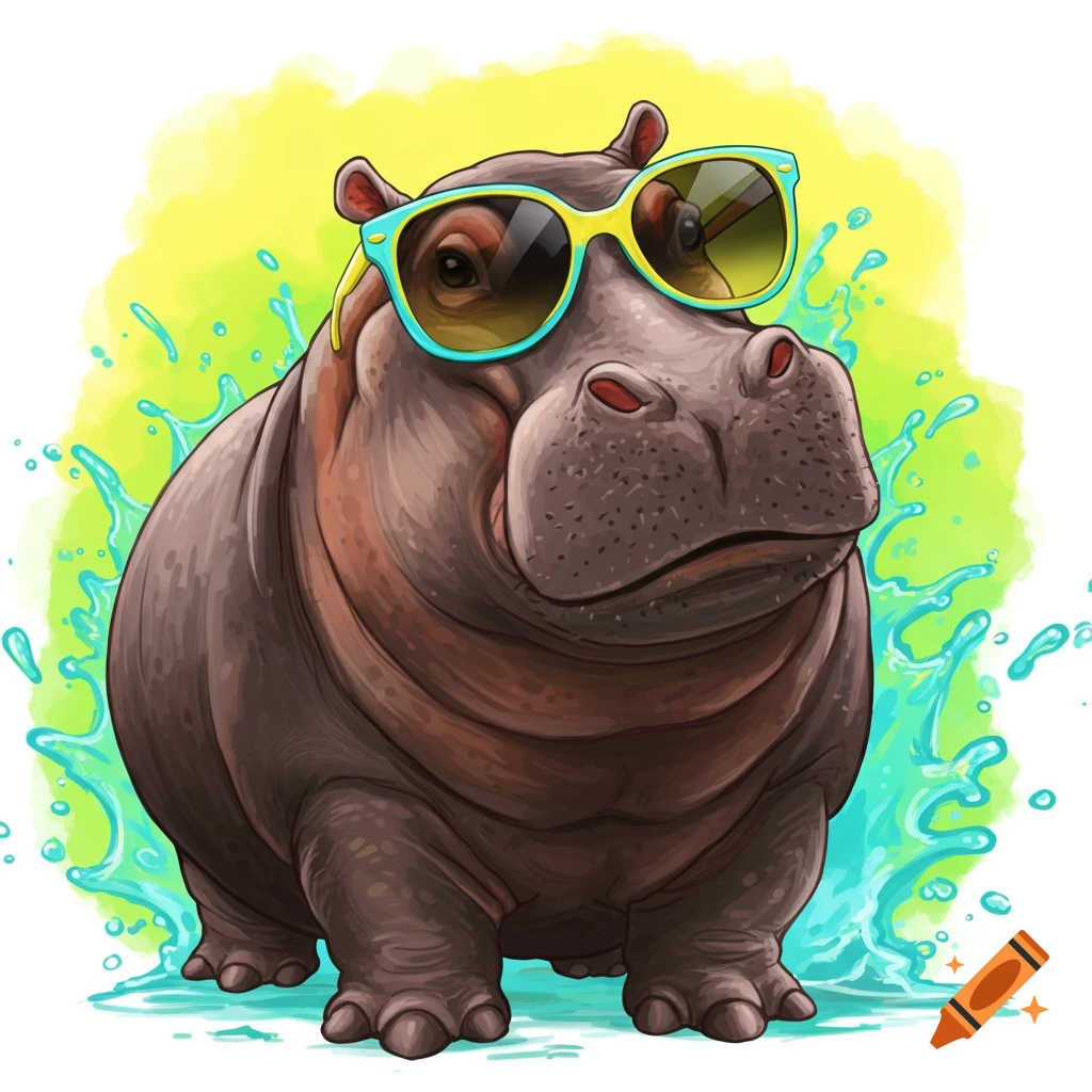 Digital illustration of a cartoon hippopotamus wearing sunglasses, standing in water.