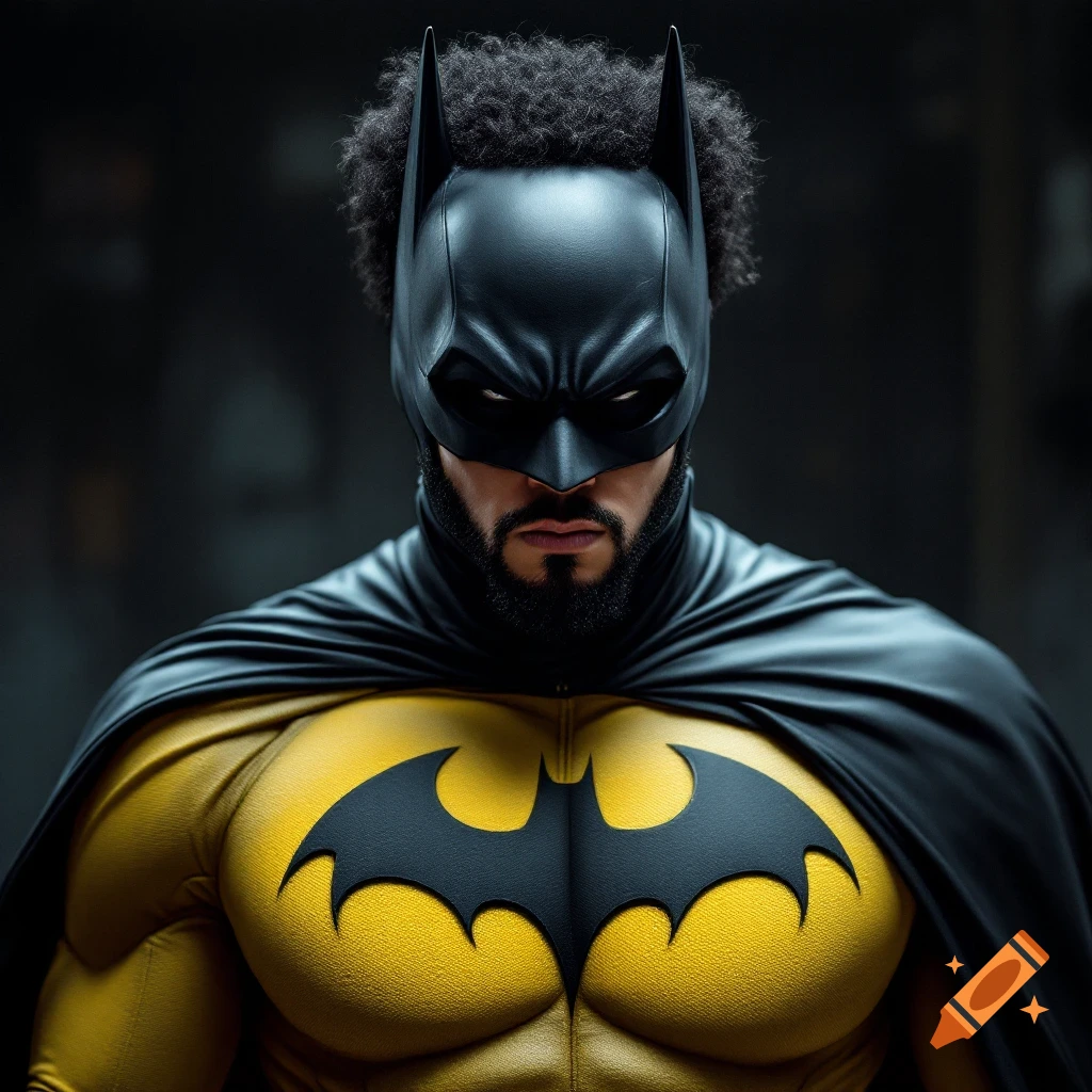 Portrait of a person wearing a Batman costume with an afro.