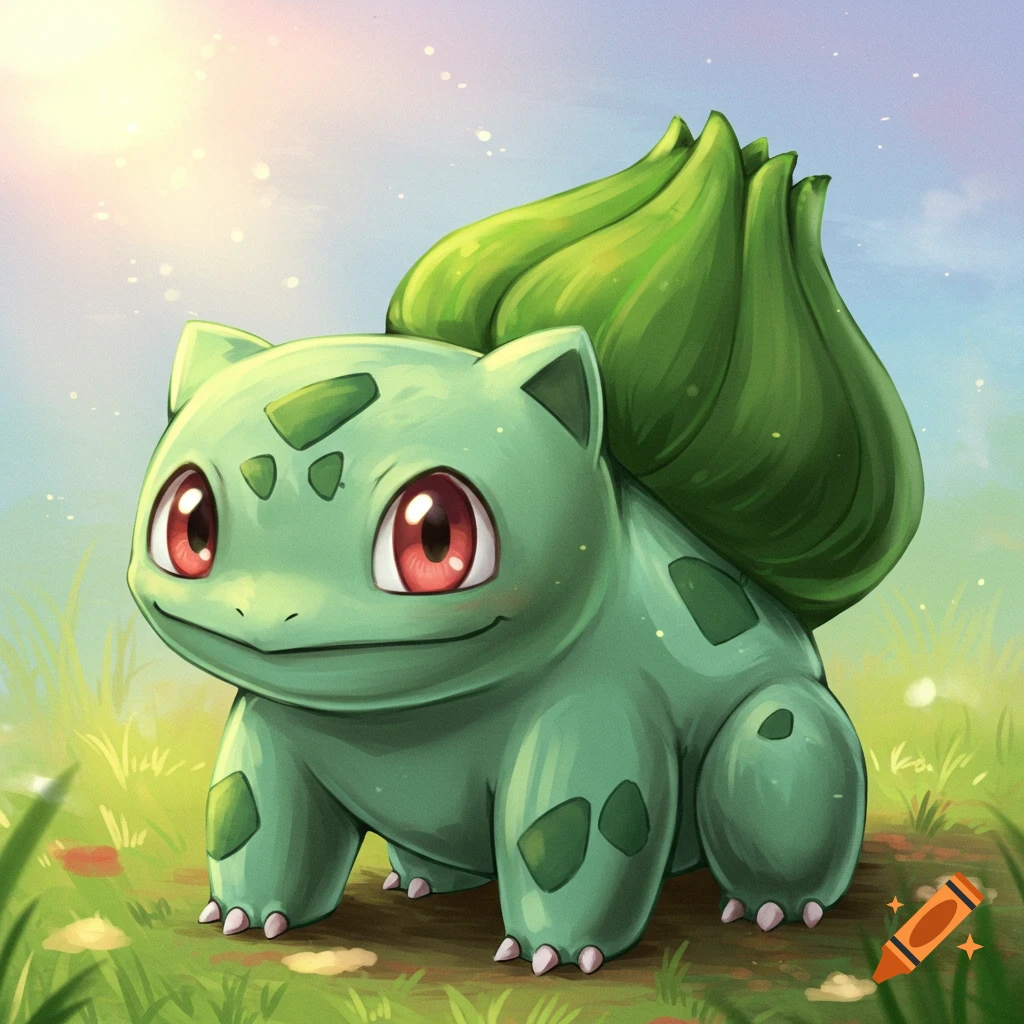 Bulbasaur in a field under a sunny sky.