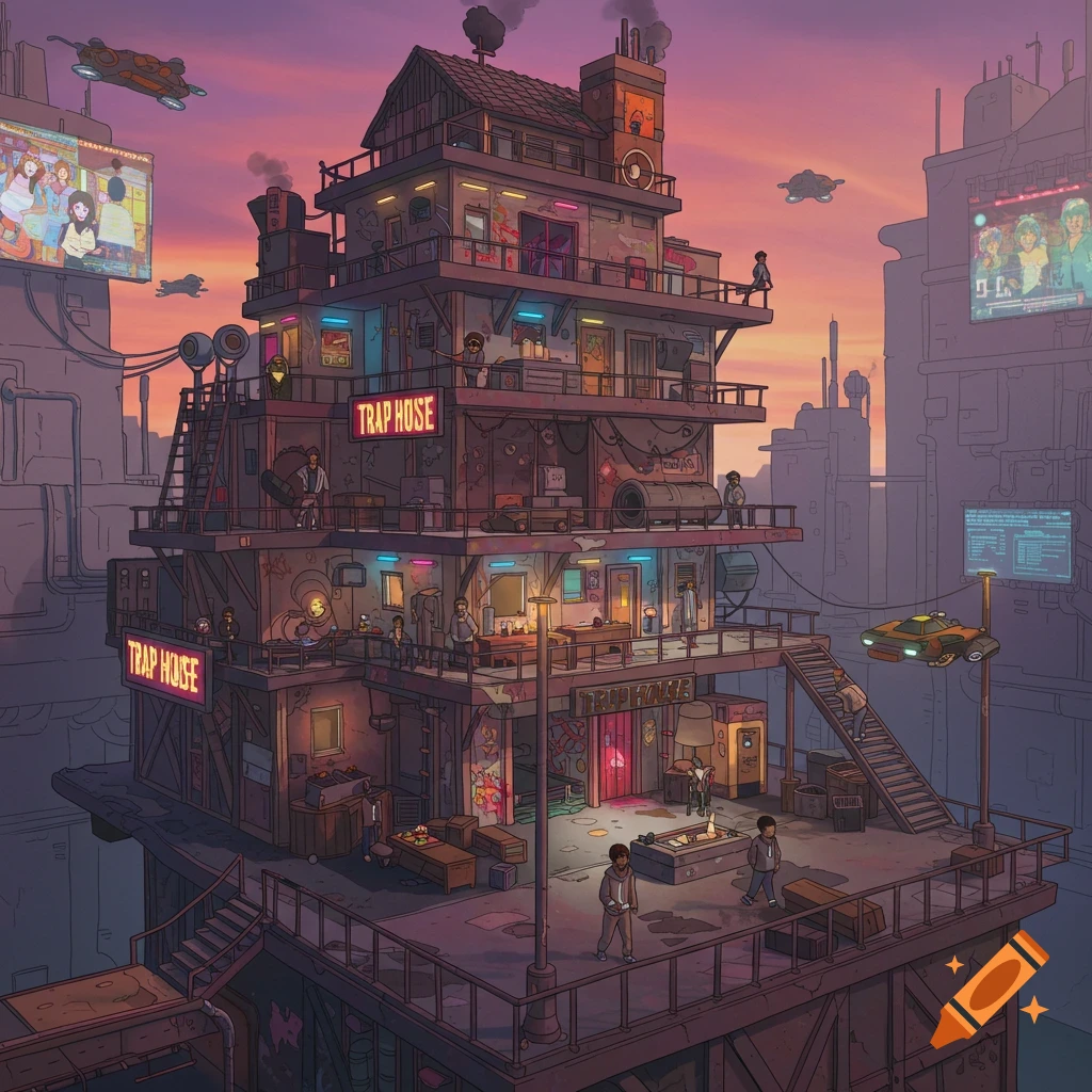 Stylized cyberpunk building with neon signs and people at sunset.