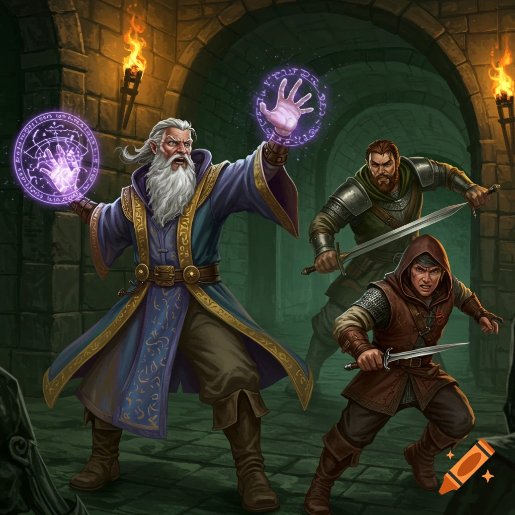 A wizard casting spells, a warrior and a rogue in a dungeon.