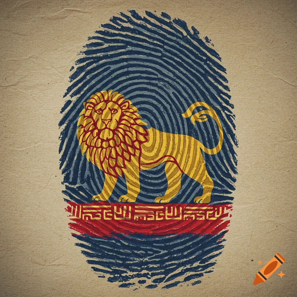 A stylized lion emblem on a blue fingerprint background