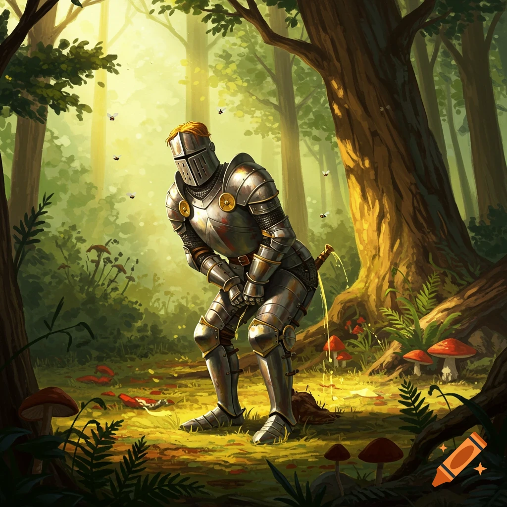 A knight in armor urinates in a forest near mushrooms.