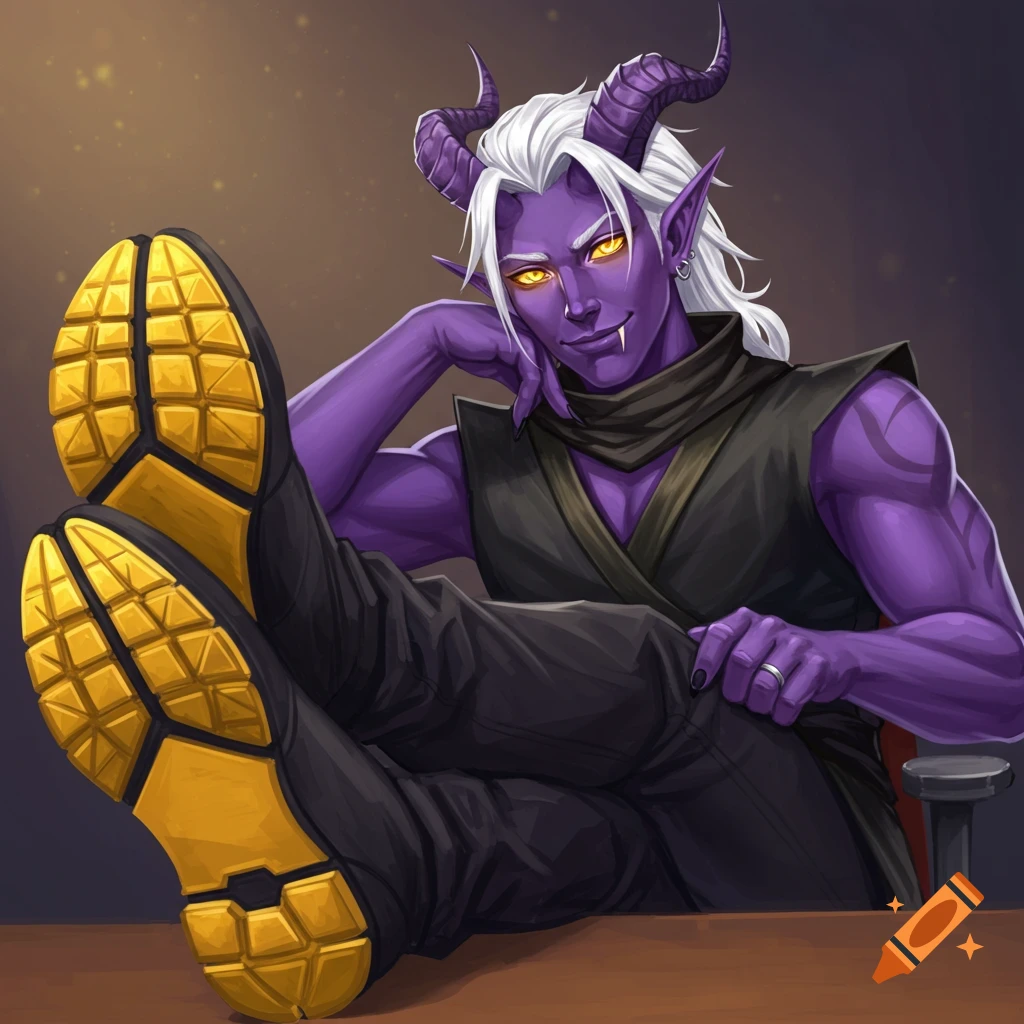 A purple-skinned Tiefling with white hair and yellow eyes sits with their feet on a desk.