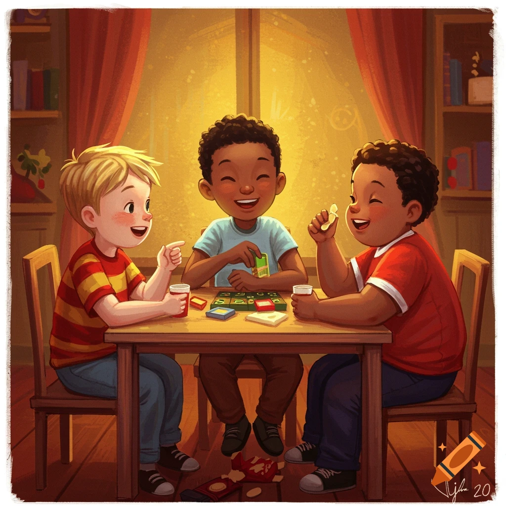 Illustration of three smiling boys playing a board game at a table.