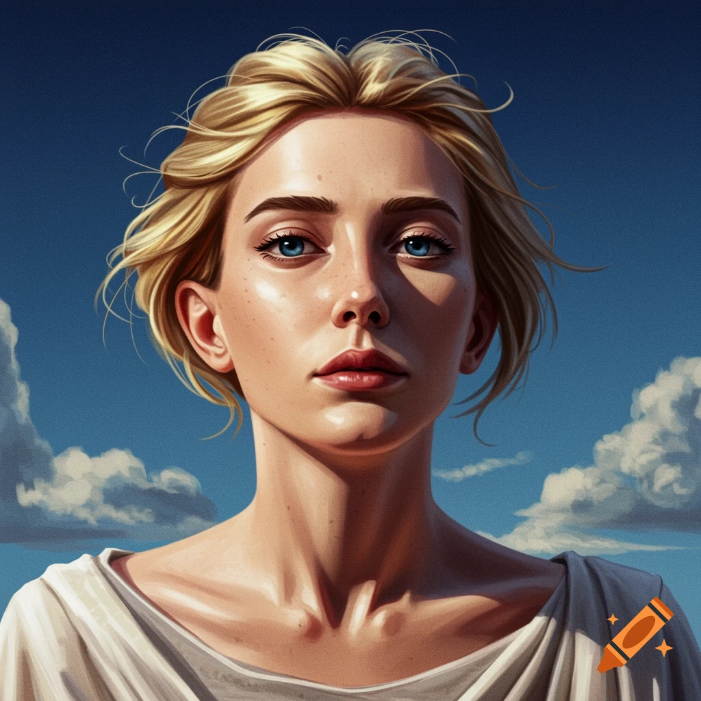 A woman with blonde hair and blue eyes under a bright blue sky.