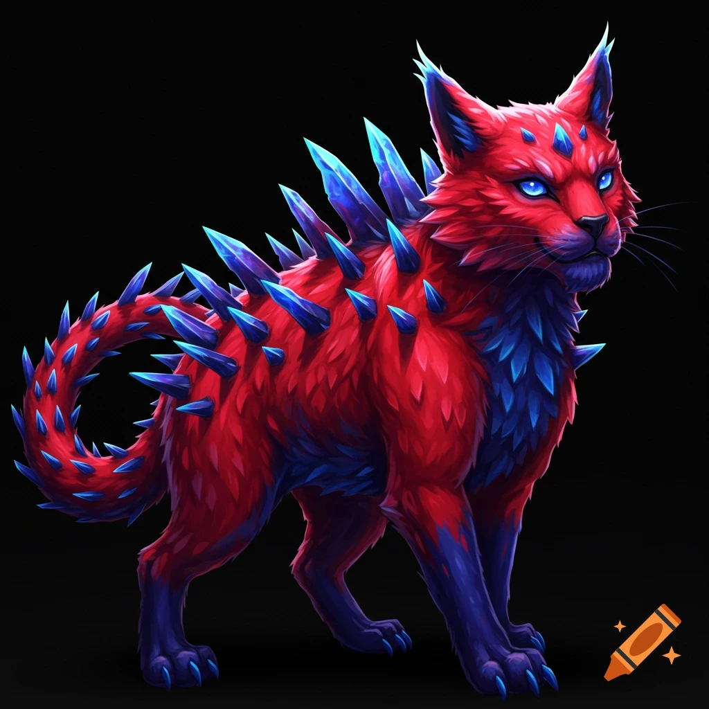 A red and blue cat creature covered in sharp blue spikes.