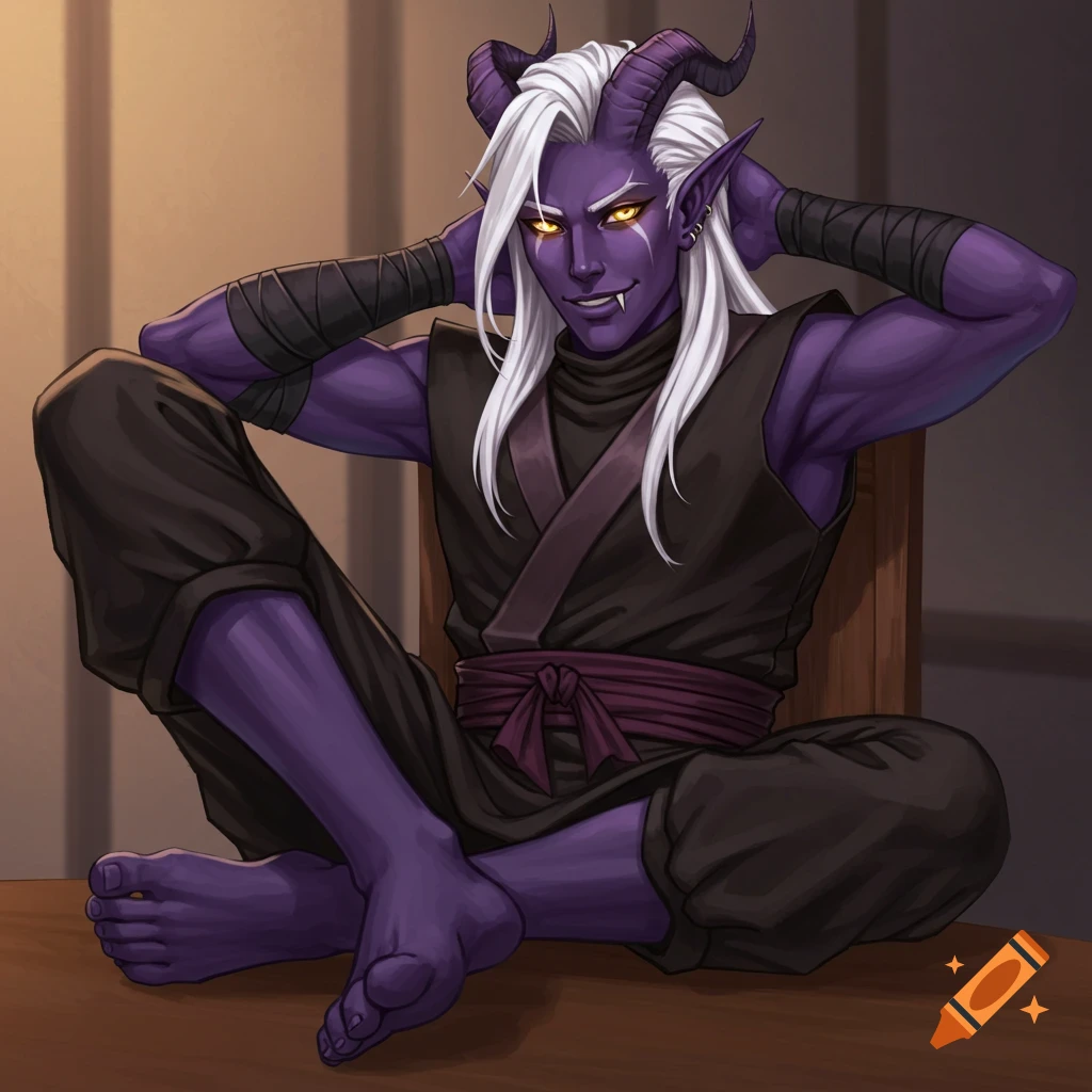 A male tiefling ninja with purple skin, white hair, and glowing eyes, sitting cross-legged with feet on a table