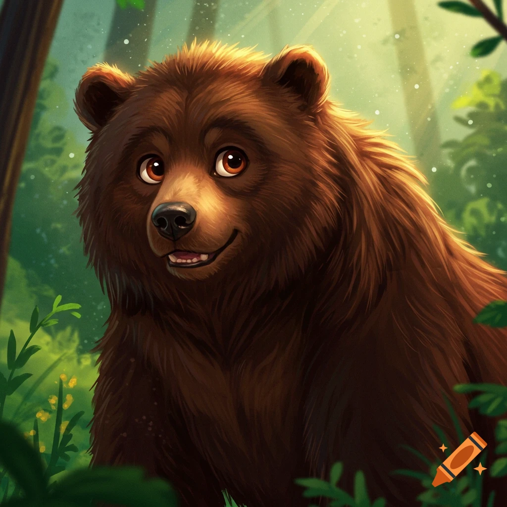 A close-up of a friendly brown cartoon bear smiling in a forest.