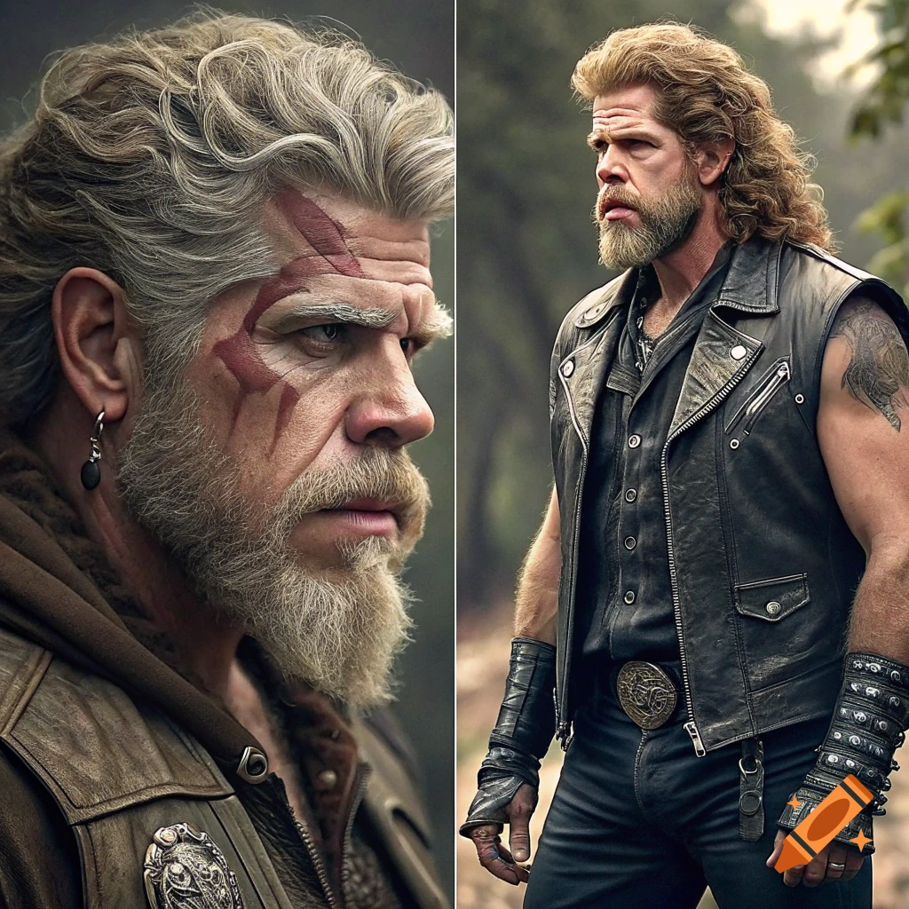 Split image of Ron Perlman, left in fantasy makeup, right in biker gear.