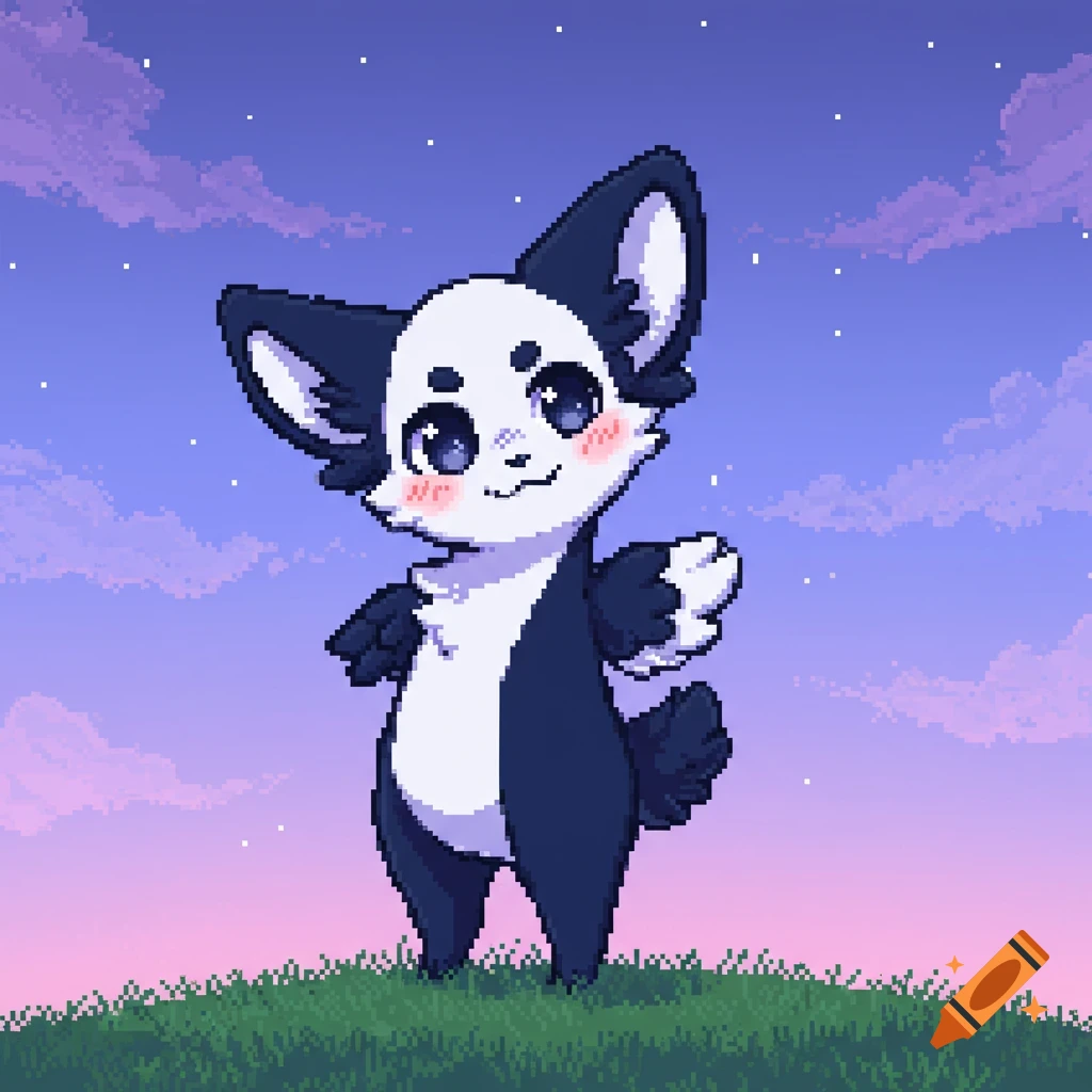 Pixel art of a cute black and white fluffy animal with big eyes and rosy cheeks standing on grass under a purple twilight sky.