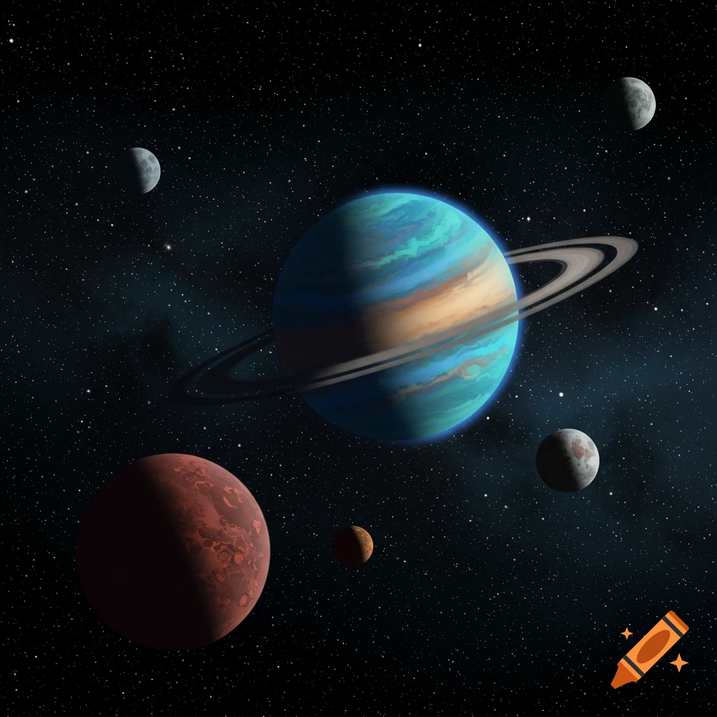 Planets and moons in a star-filled space.