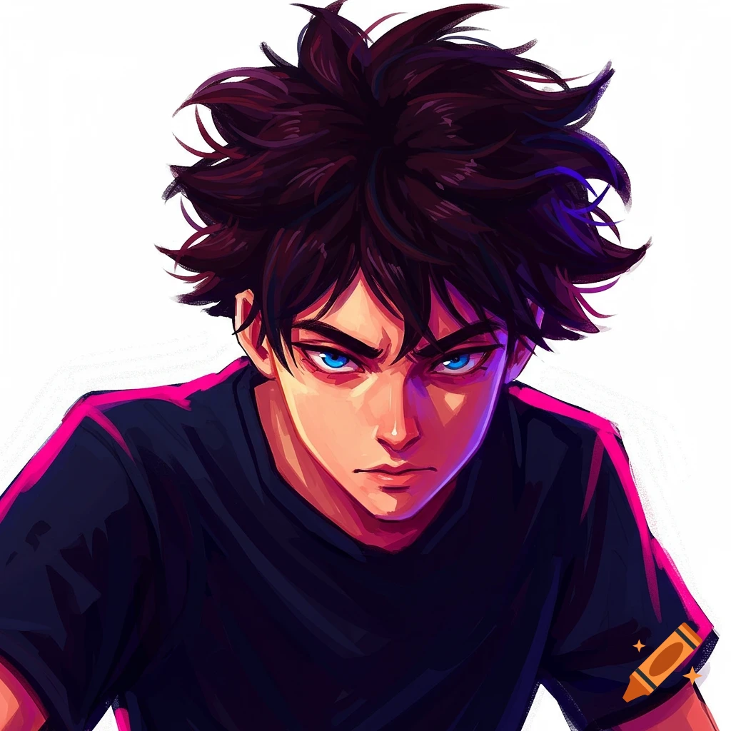 A young person with spiky dark hair and bright blue eyes, looking intensely.