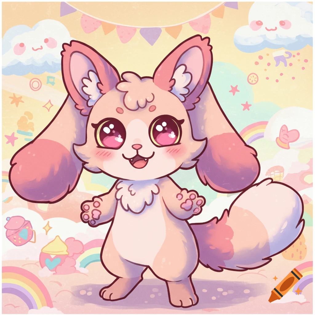 Cute cartoon pink and white cat-bunny hybrid in a pastel fantasy landscape