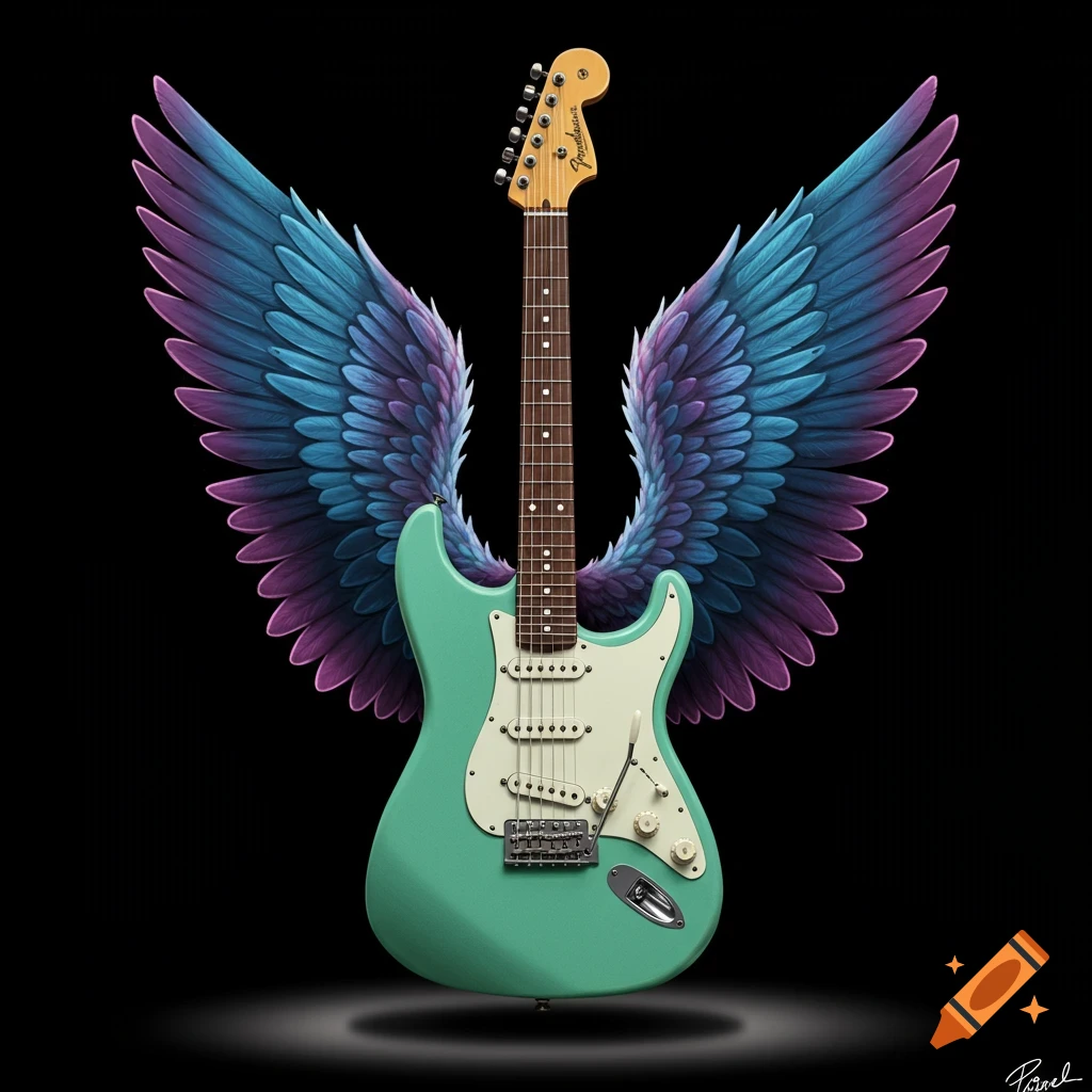 Surf green Stratocaster guitar with purple and blue wings on a black background.