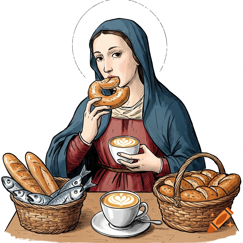 Illustration of Mother Mary eating a bagel and drinking a latte, with baskets of bread and fish.