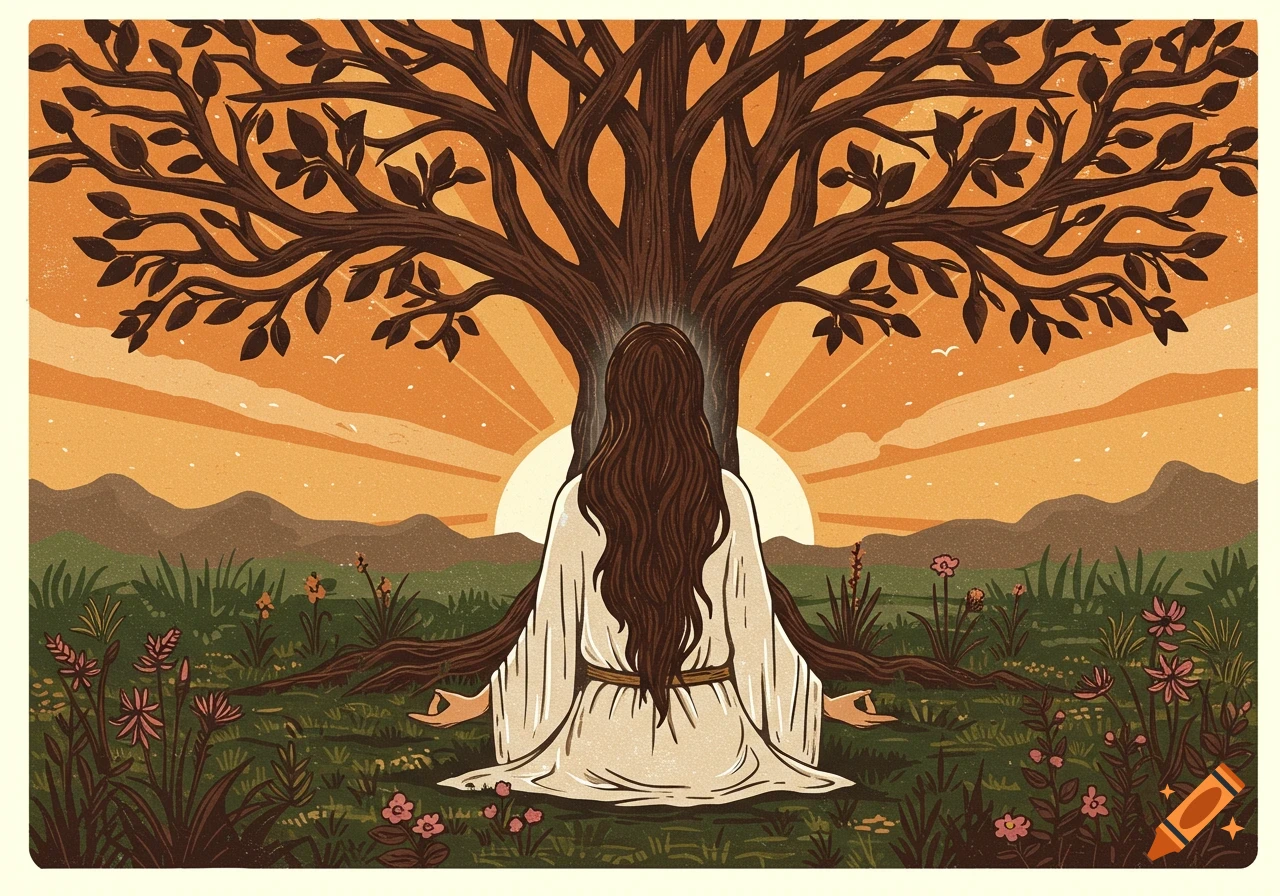 Woman meditating under a tree at sunset in a block print style.