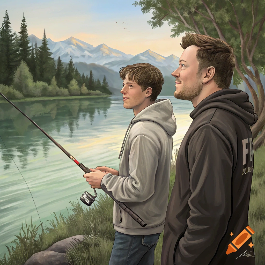 Two men fishing by a lake with mountains and trees in the background, in a painterly style.
