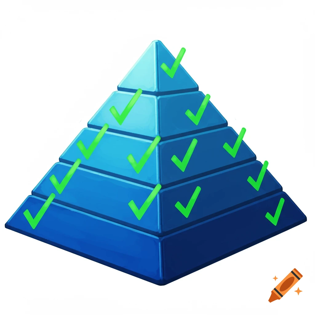 A blue stepped pyramid structure with green check marks on each level